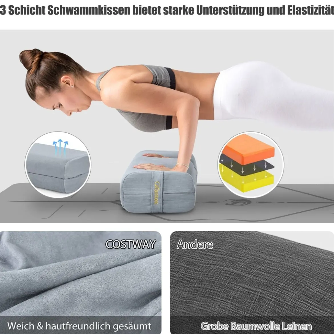 Yogakissen Schaumstoff Yogabolster mit Tragegriff Yoga Rolle mit abnehmbarem Wildlederbezug Grau