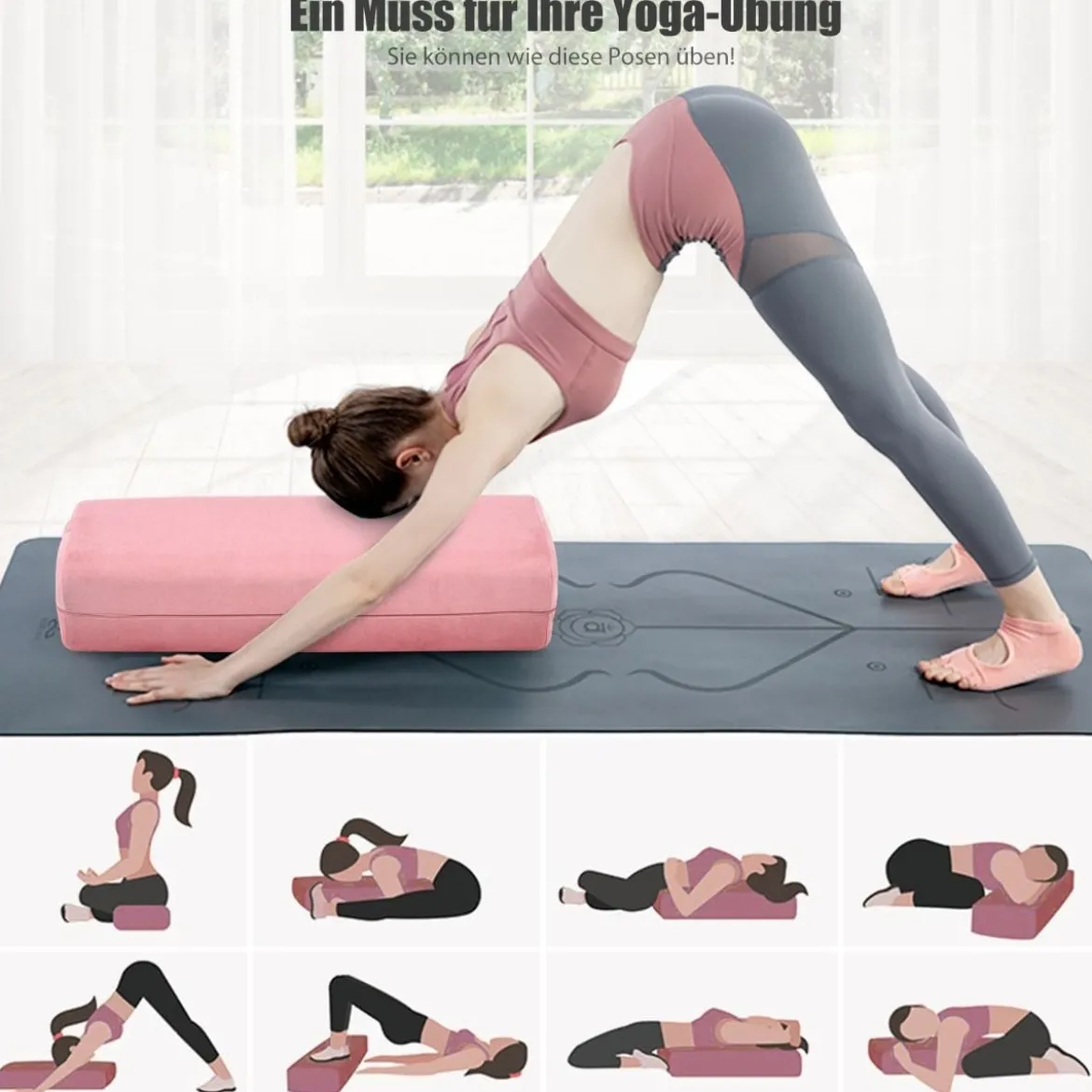 Yogakissen Schaumstoff Yogabolster mit Tragegriff Yoga Rolle mit abnehmbarem Wildlederbezug Rosa