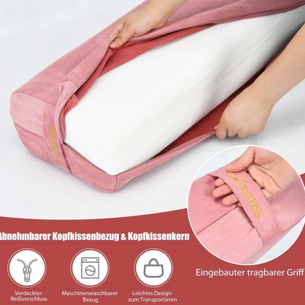 Yogakissen Schaumstoff Yogabolster mit Tragegriff Yoga Rolle mit abnehmbarem Wildlederbezug Rosa