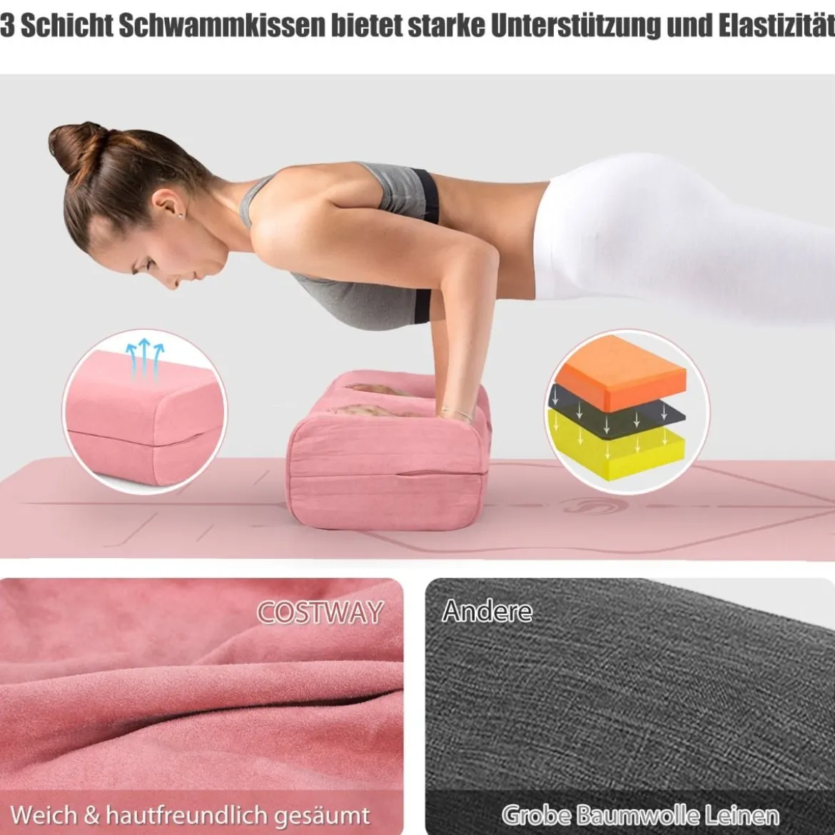 Yogakissen Schaumstoff Yogabolster mit Tragegriff Yoga Rolle mit abnehmbarem Wildlederbezug Rosa
