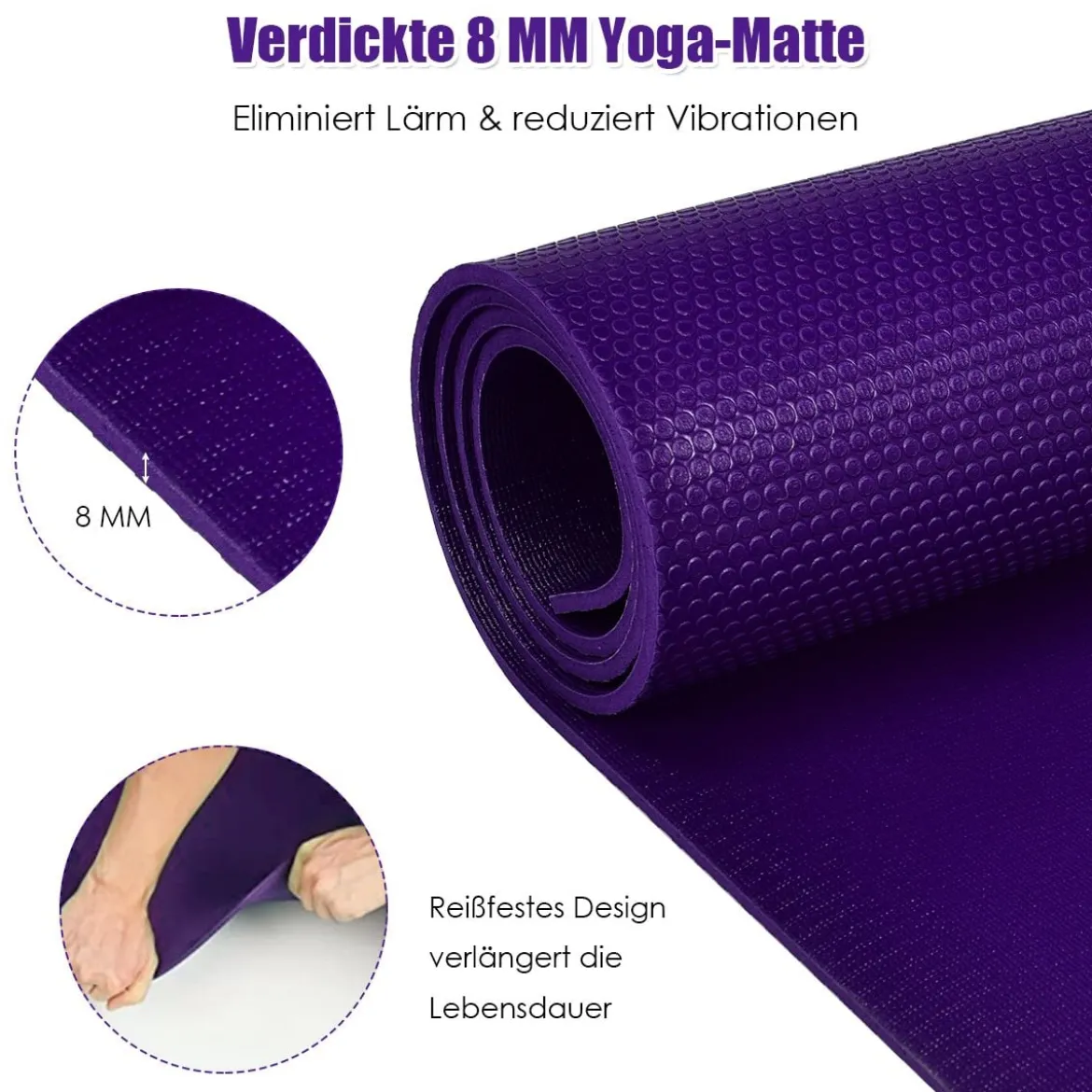 Yogamatte mit doppelseitigem rutschfestem Design & 2 verstellbaren Klettbändern Lila
