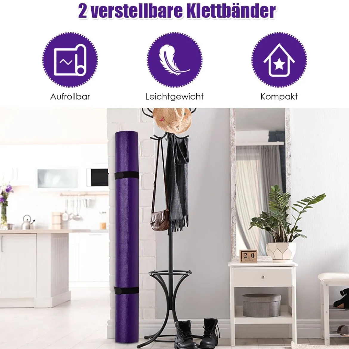 Yogamatte mit doppelseitigem rutschfestem Design & 2 verstellbaren Klettbändern Lila