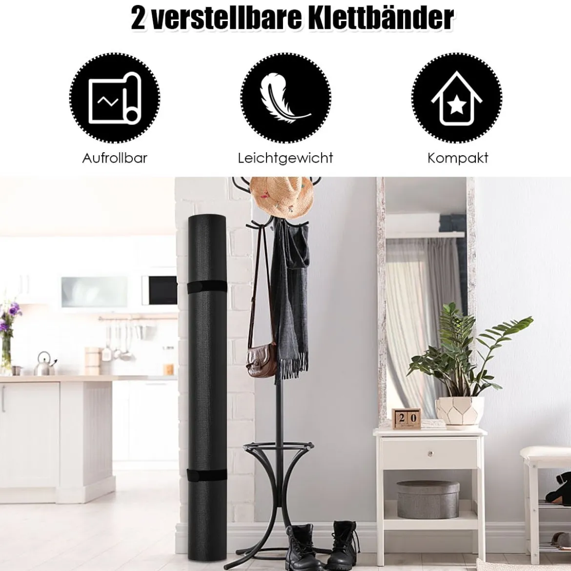 Yogamatte mit doppelseitigem rutschfestem Design & 2 verstellbaren Klettbändern Schwarz