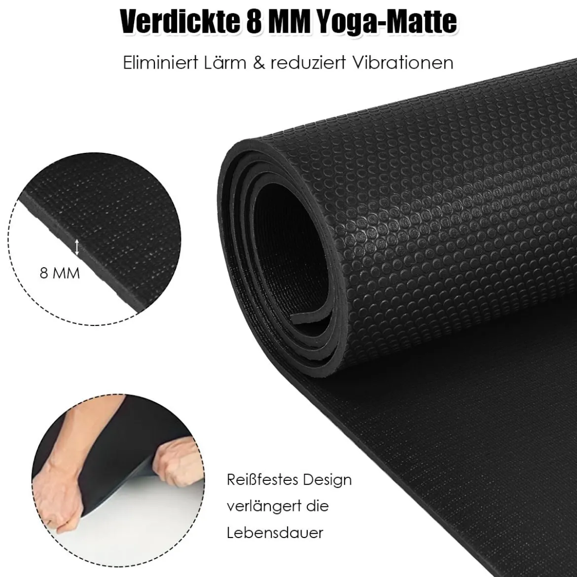 Yogamatte mit doppelseitigem rutschfestem Design & 2 verstellbaren Klettbändern Schwarz