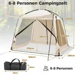 Zelt für 6-8 Personen Campingzelt mit Vorzelt wasserdicht 300 x 300 x 250 cm Beige