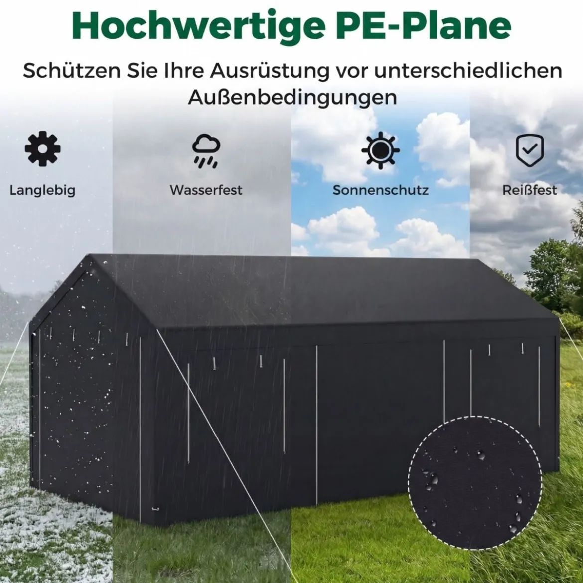 Zeltgarage 305 x 586 cm Lagerzelt mit aufrollbaren belüfteten Fenstern & abnehmbaren Seitenwänden Dunkelgrau
