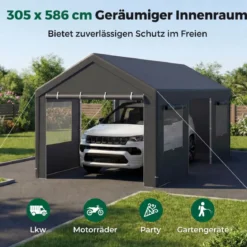 Zeltgarage 305 x 586 cm Lagerzelt mit aufrollbaren belüfteten Fenstern & abnehmbaren Seitenwänden Dunkelgrau