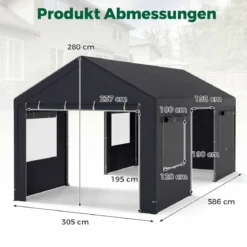 Zeltgarage 305 x 586 cm Lagerzelt mit aufrollbaren belüfteten Fenstern & abnehmbaren Seitenwänden Dunkelgrau