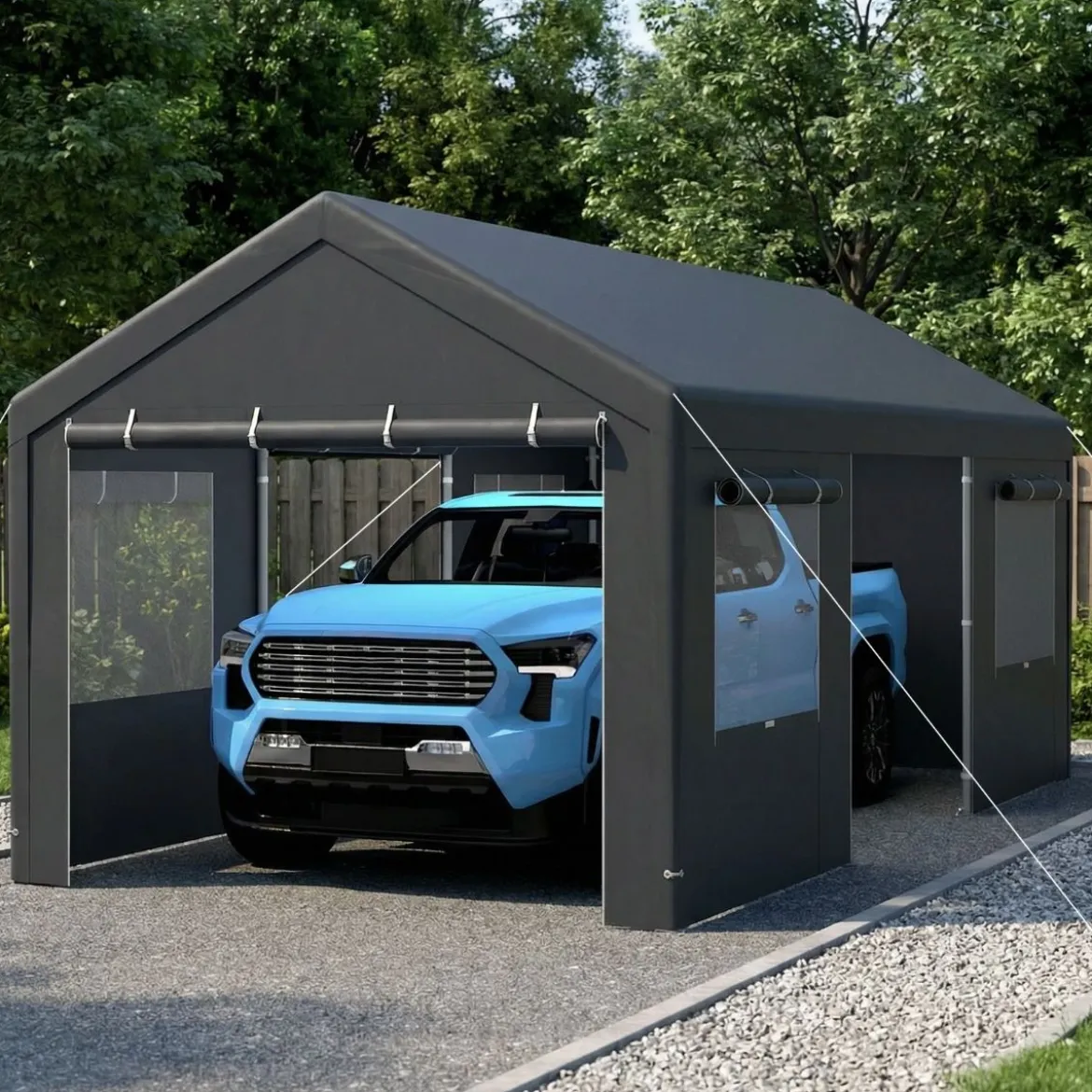 Zeltgarage 305 x 586 cm Lagerzelt mit aufrollbaren belüfteten Fenstern & abnehmbaren Seitenwänden Dunkelgrau
