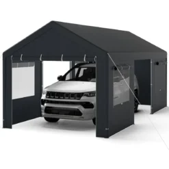 Zeltgarage 305 x 586 cm Lagerzelt mit aufrollbaren belüfteten Fenstern & abnehmbaren Seitenwänden Dunkelgrau