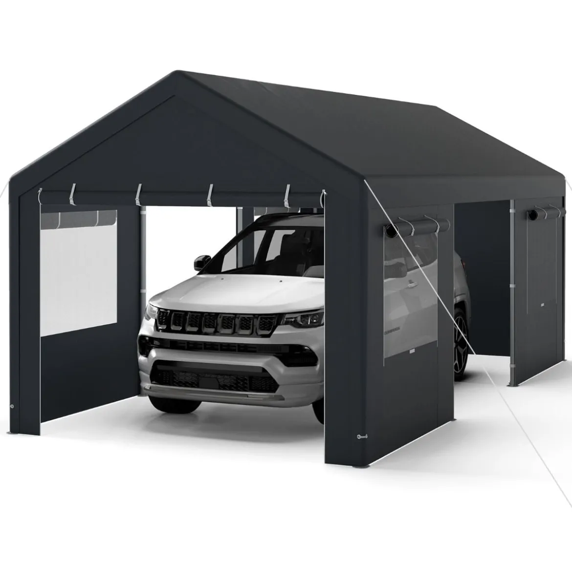 Zeltgarage 305 x 586 cm Lagerzelt mit aufrollbaren belüfteten Fenstern & abnehmbaren Seitenwänden Dunkelgrau