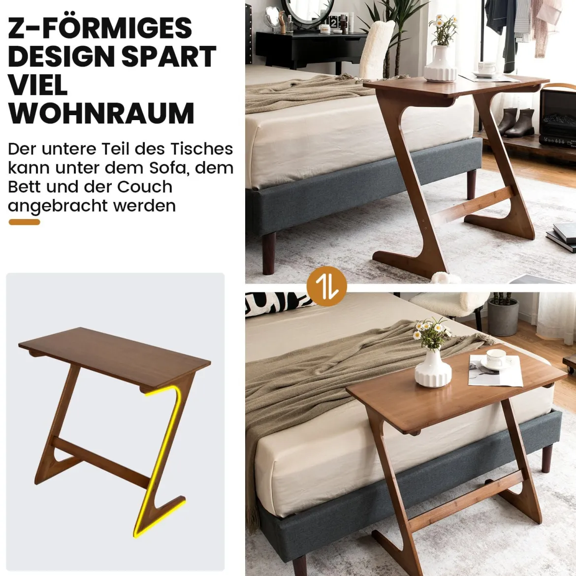 Z-förmiger Beistelltisch Sofatisch aus Bambus Platzsparender Kaffeetisch Nachttisch Couchtisch Braun