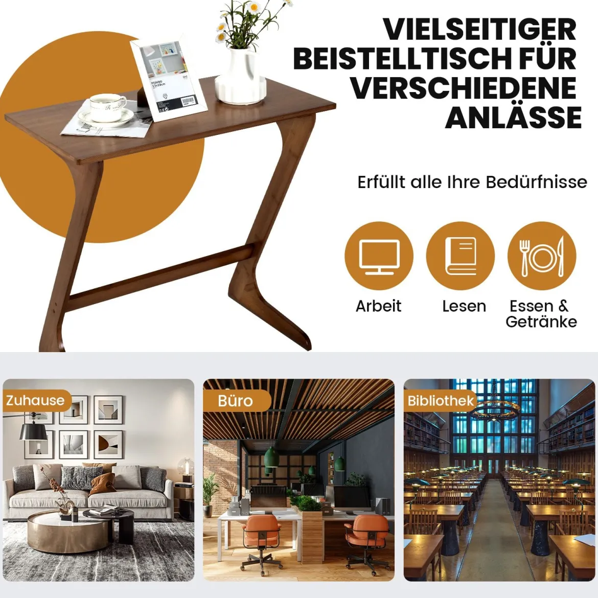Z-förmiger Beistelltisch Sofatisch aus Bambus Platzsparender Kaffeetisch Nachttisch Couchtisch Braun