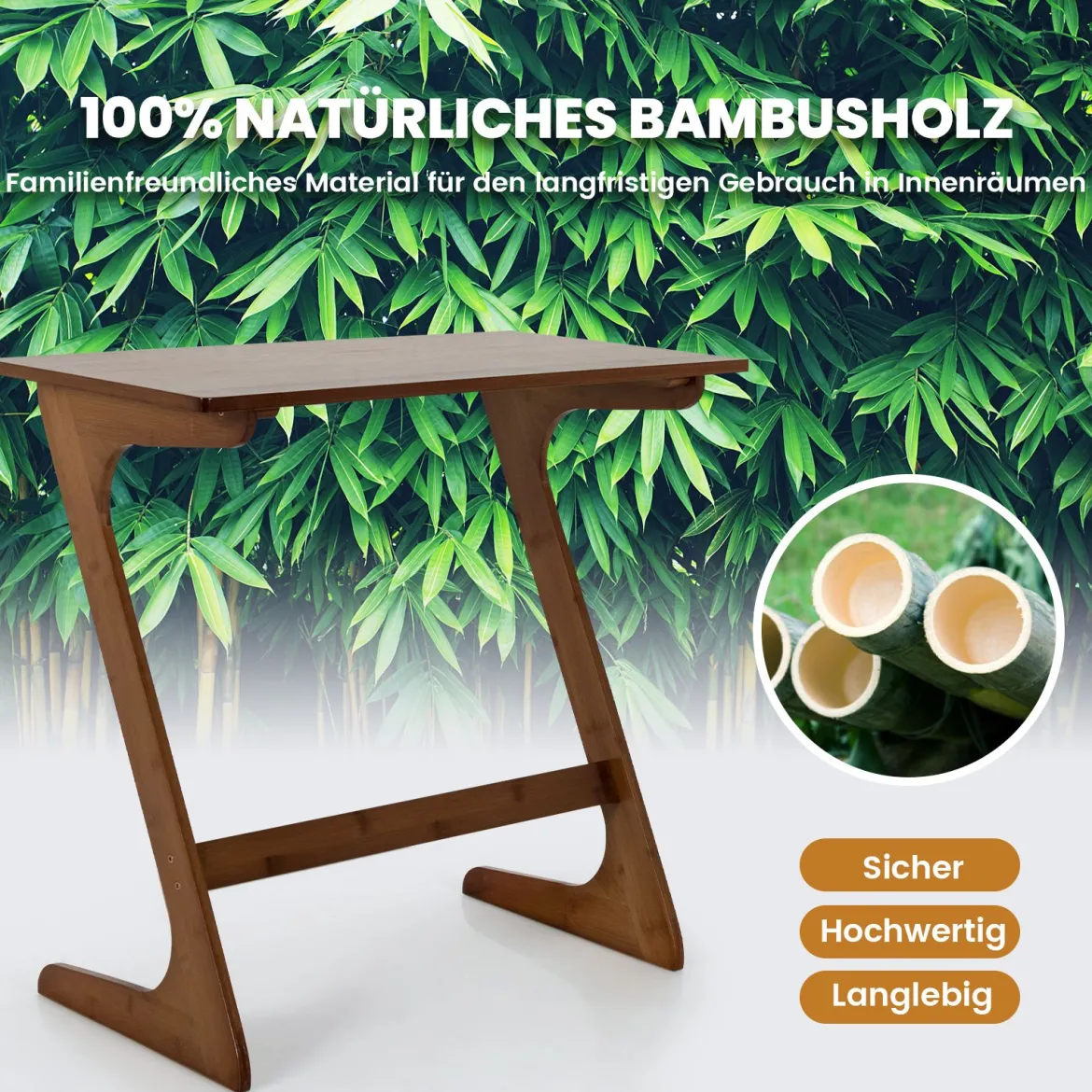 Z-förmiger Beistelltisch Sofatisch aus Bambus Platzsparender Kaffeetisch Nachttisch Couchtisch Braun