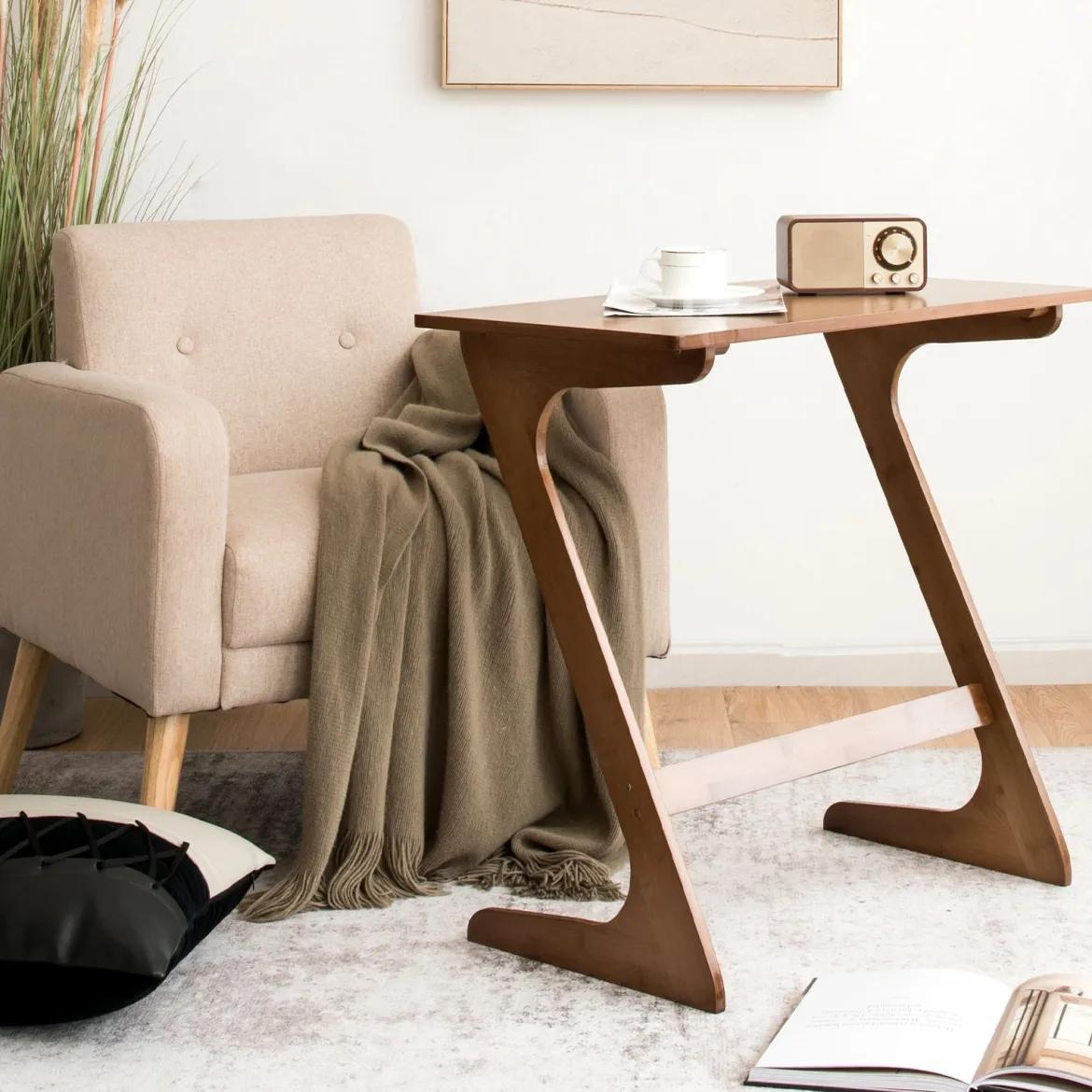 Z-förmiger Beistelltisch Sofatisch aus Bambus Platzsparender Kaffeetisch Nachttisch Couchtisch Braun