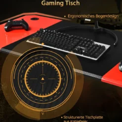 Z-förmiger Gaming Tisch Computertisch PC Tisch mit Becherhalter Kopfhörerhaken & Boxenständer Schreibtisch schwarz/rot