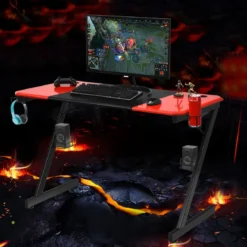 Z-förmiger Gaming Tisch Computertisch PC Tisch mit Becherhalter Kopfhörerhaken & Boxenständer Schreibtisch schwarz/rot