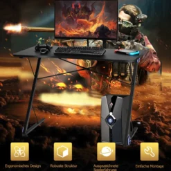 Z-förmig Gaming Tisch mit LED-Lichtern Computertisch PC Tisch Schreibtisch