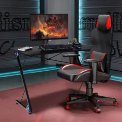 Z-förmig Gaming Tisch mit LED-Lichtern Computertisch PC Tisch Schreibtisch
