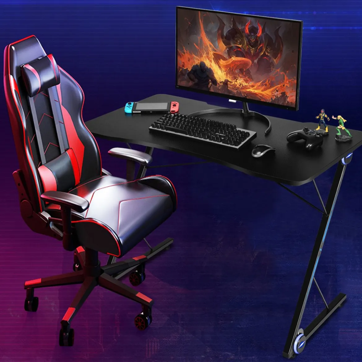 Z-förmig Gaming Tisch mit LED-Lichtern Computertisch PC Tisch Schreibtisch