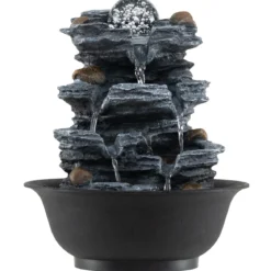 Zimmerbrunnen Wasserfall Tischbrunnen mit Steineffekt Farbigem LED-Licht & Leiser Pumpe 21,5 x 26 cm