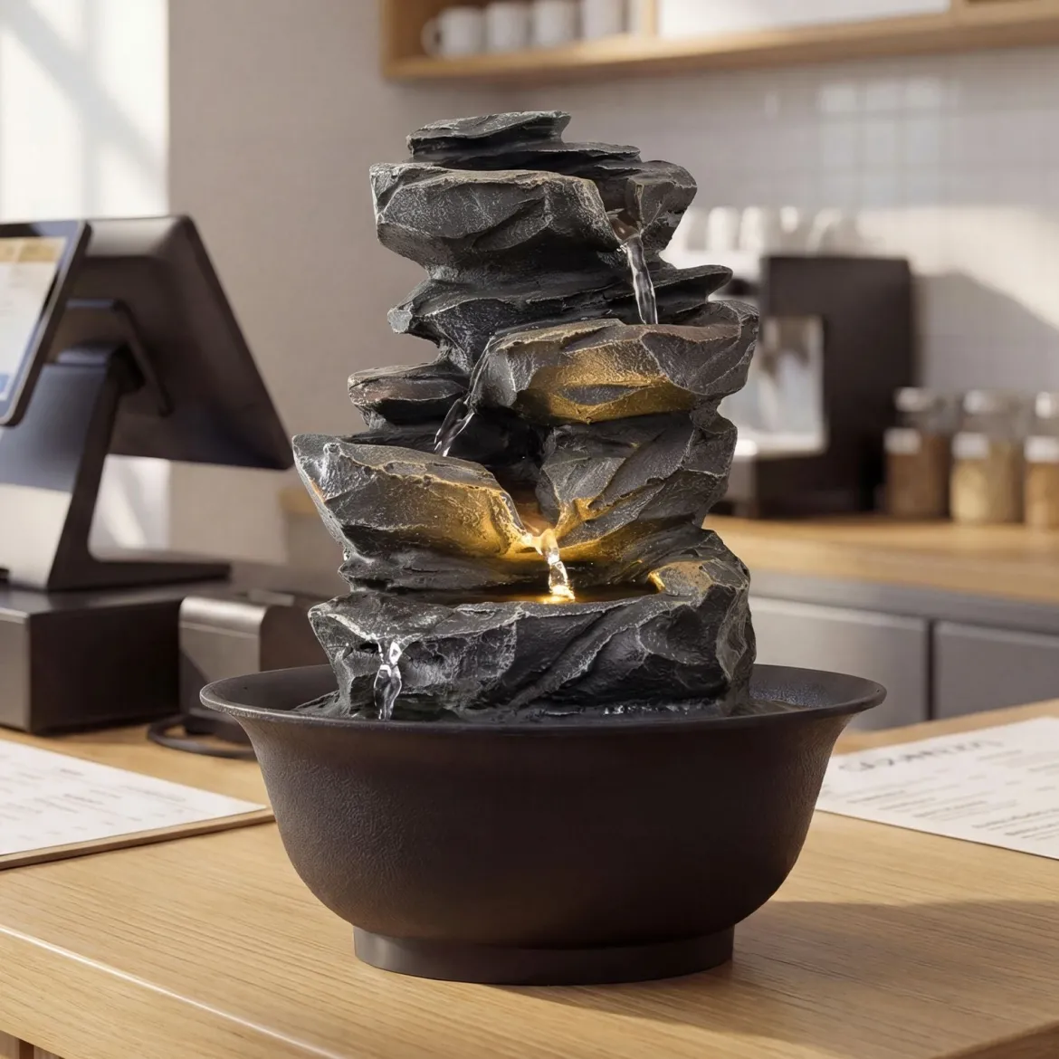 Zimmerbrunnen Wasserfall Tischbrunnen mit Steineffekt Farbigem LED-Licht Zen Wasserbrunnen 21,5 x 26 cm