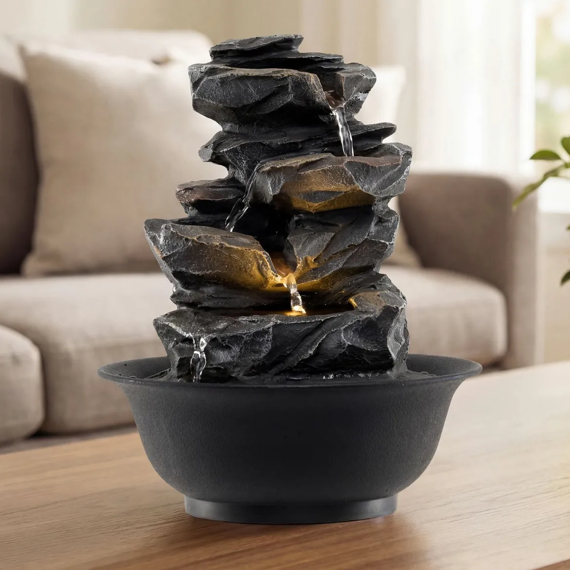 Zimmerbrunnen Wasserfall Tischbrunnen mit Steineffekt Farbigem LED-Licht Zen Wasserbrunnen 21,5 x 26 cm