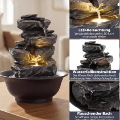 Zimmerbrunnen Wasserfall Tischbrunnen mit Steineffekt Farbigem LED-Licht Zen Wasserbrunnen 21,5 x 26 cm