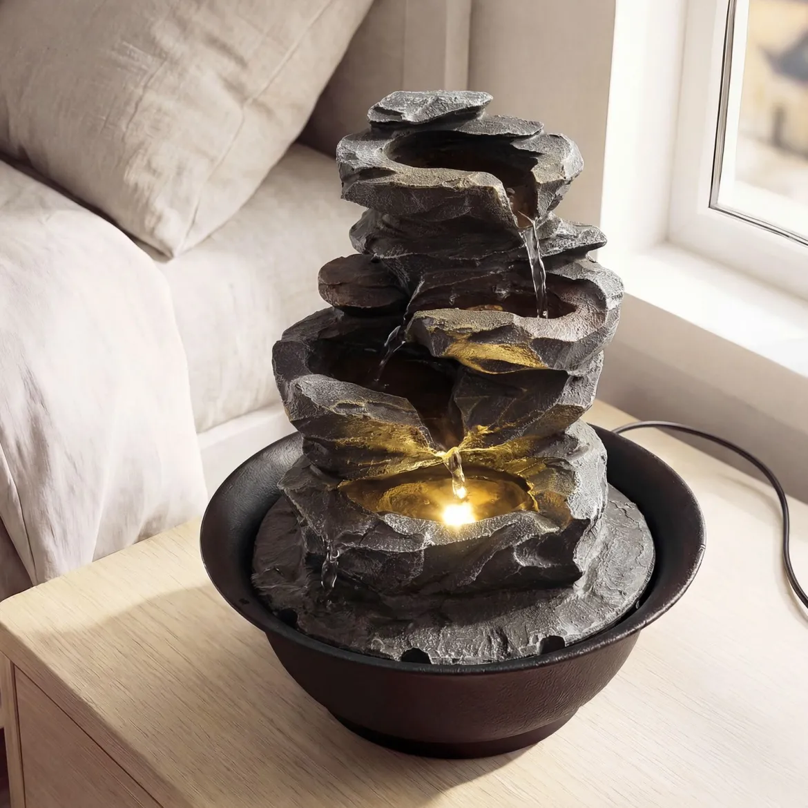 Zimmerbrunnen Wasserfall Tischbrunnen mit Steineffekt Farbigem LED-Licht Zen Wasserbrunnen 21,5 x 26 cm