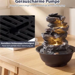Zimmerbrunnen Wasserfall Tischbrunnen mit Steineffekt Farbigem LED-Licht Zen Wasserbrunnen 21,5 x 26 cm