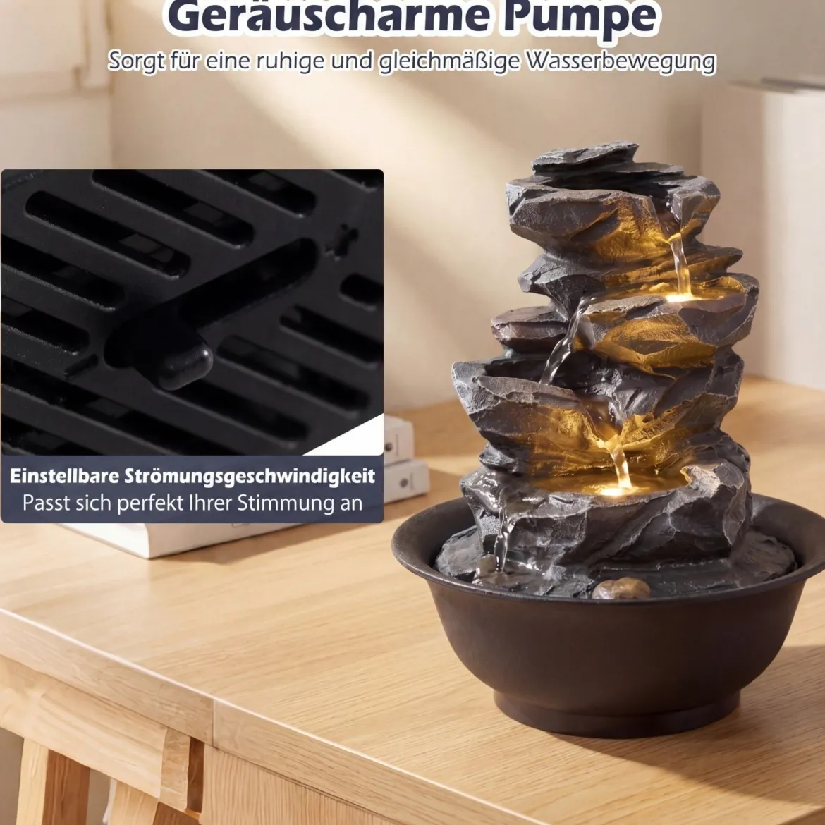 Zimmerbrunnen Wasserfall Tischbrunnen mit Steineffekt Farbigem LED-Licht Zen Wasserbrunnen 21,5 x 26 cm