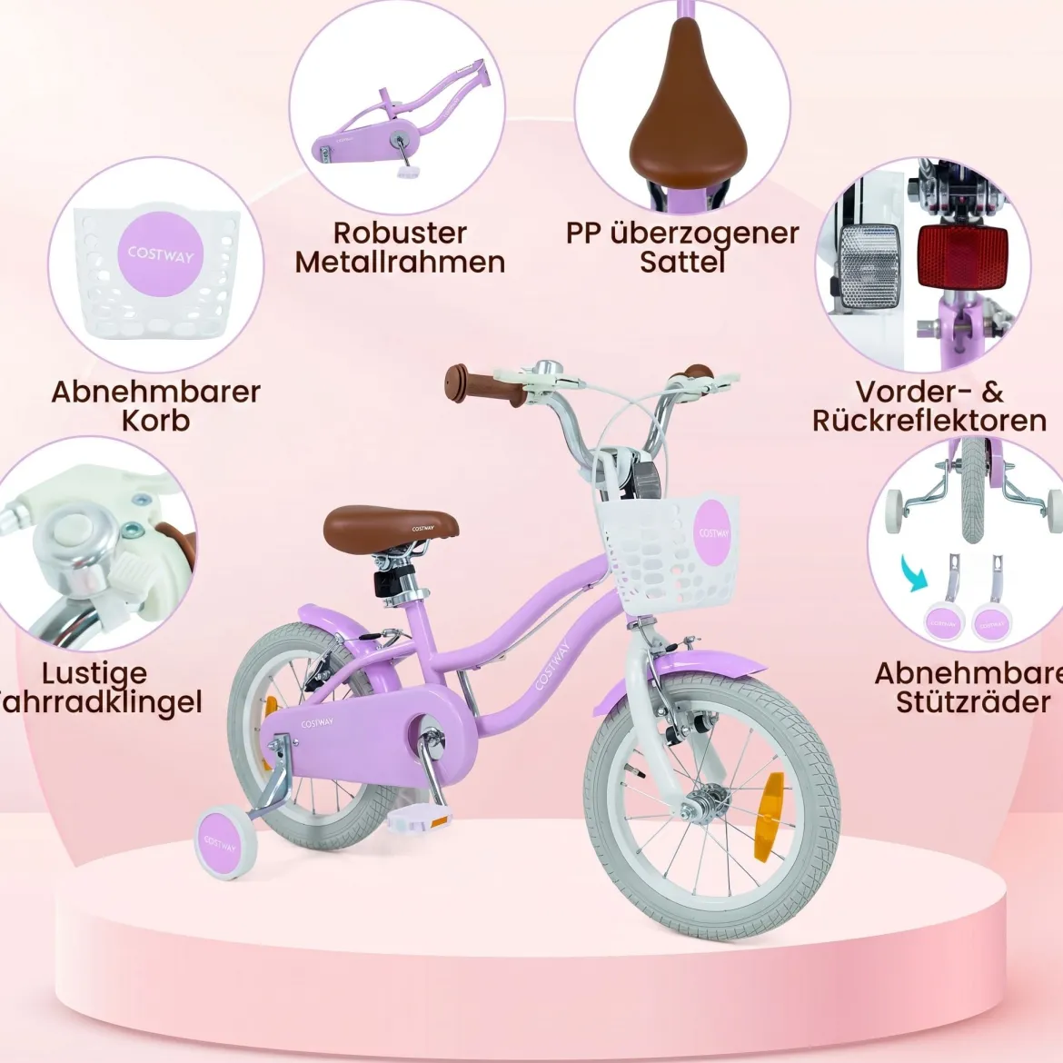 14/16 Zoll Kinderfahrrad mit Stützrädern & Korb Kinder Fahrrad mit Höhenverstellbarer Lenker & Sattel Rosa/Lila