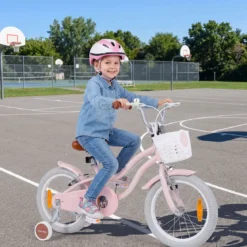 14/16 Zoll Kinderfahrrad mit Stützrädern & Korb Kinder Fahrrad mit Höhenverstellbarer Lenker & Sattel Rosa/Lila