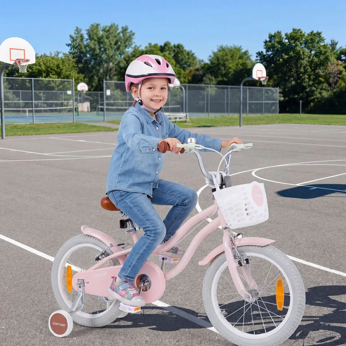 14/16 Zoll Kinderfahrrad mit Stützrädern & Korb Kinder Fahrrad mit Höhenverstellbarer Lenker & Sattel Rosa/Lila
