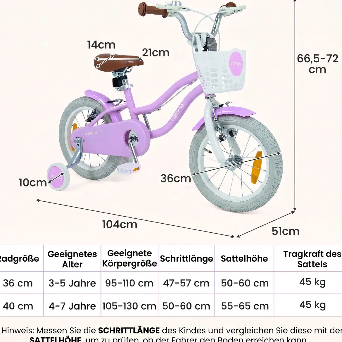 14/16 Zoll Kinderfahrrad mit Stützrädern & Korb Kinder Fahrrad mit Höhenverstellbarer Lenker & Sattel Rosa/Lila