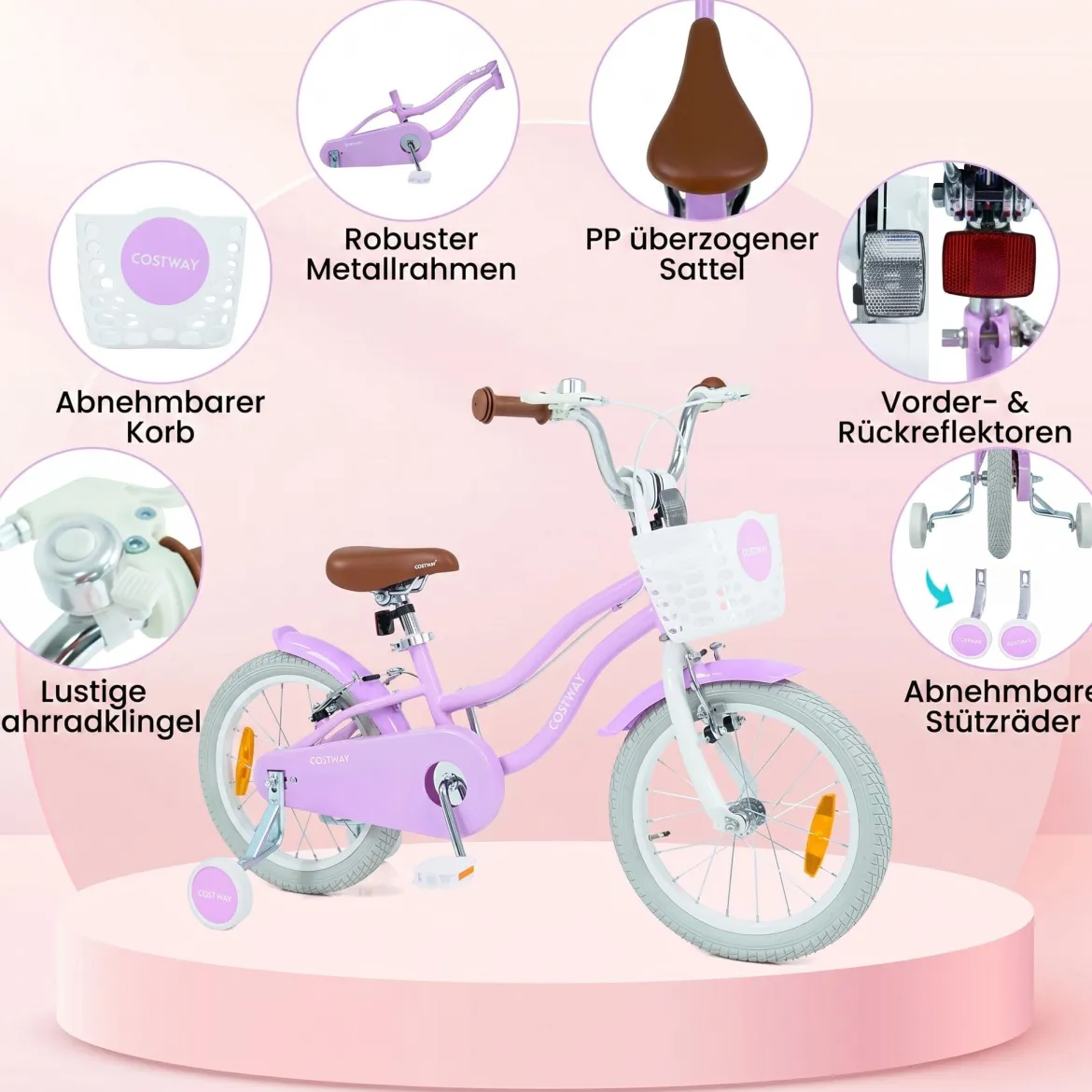 14/16 Zoll Kinderfahrrad mit Stützrädern & Korb Kinder Fahrrad mit Höhenverstellbarer Lenker & Sattel Rosa/Lila