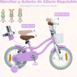 14/16 Zoll Kinderfahrrad mit Stützrädern & Korb Kinder Fahrrad mit Höhenverstellbarer Lenker & Sattel Rosa/Lila