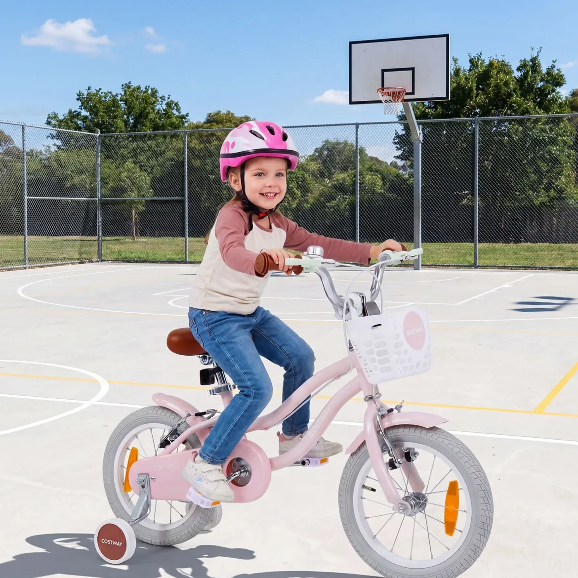 14/16 Zoll Kinderfahrrad mit Stützrädern & Korb Kinder Fahrrad mit Höhenverstellbarer Lenker & Sattel Rosa/Lila
