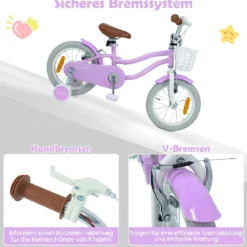 14/16 Zoll Kinderfahrrad mit Stützrädern & Korb Kinder Fahrrad mit Höhenverstellbarer Lenker & Sattel Rosa/Lila