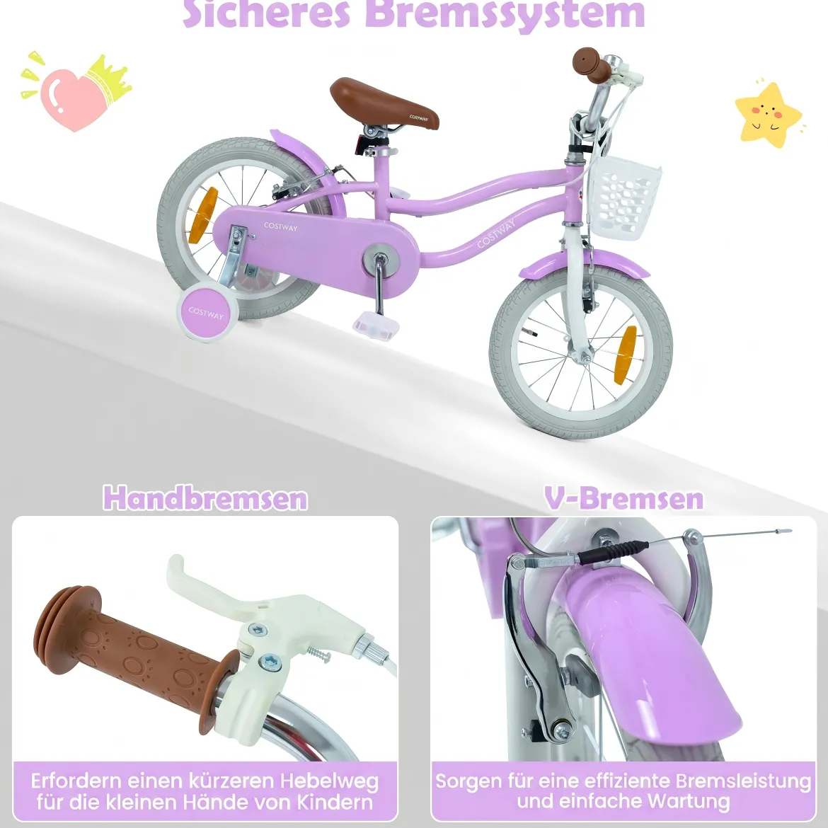 14/16 Zoll Kinderfahrrad mit Stützrädern & Korb Kinder Fahrrad mit Höhenverstellbarer Lenker & Sattel Rosa/Lila