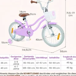 14/16 Zoll Kinderfahrrad mit Stützrädern & Korb Kinder Fahrrad mit Höhenverstellbarer Lenker & Sattel Rosa/Lila