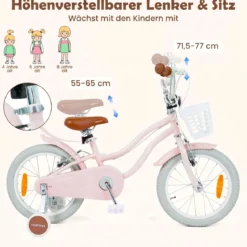 14/16 Zoll Kinderfahrrad mit Stützrädern & Korb Kinder Fahrrad mit Höhenverstellbarer Lenker & Sattel Rosa/Lila