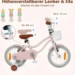 14/16 Zoll Kinderfahrrad mit Stützrädern & Korb Kinder Fahrrad mit Höhenverstellbarer Lenker & Sattel Rosa/Lila