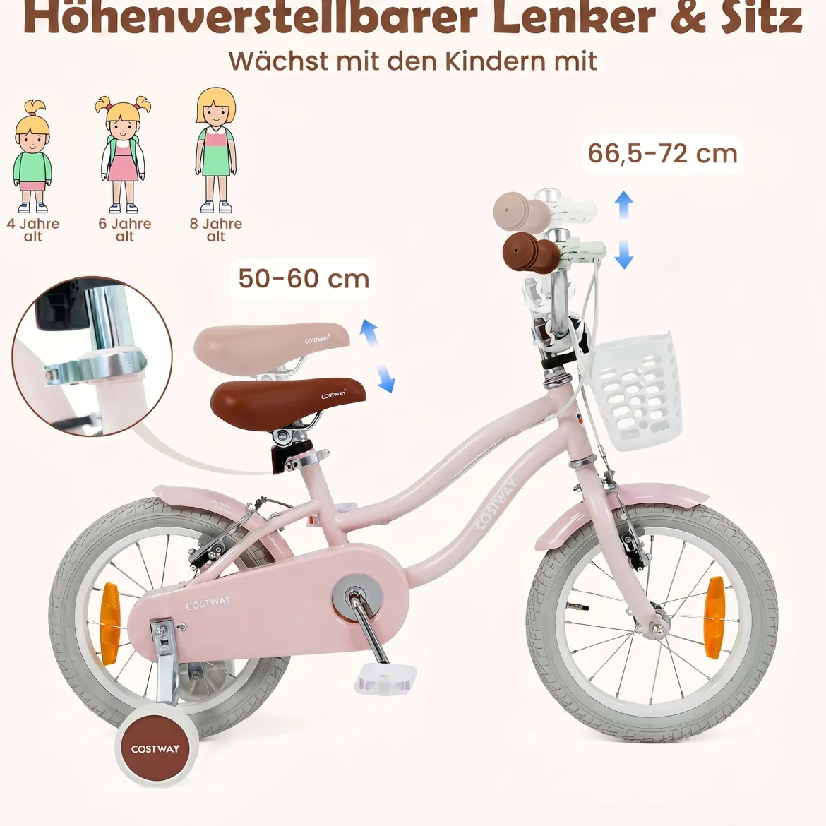 14/16 Zoll Kinderfahrrad mit Stützrädern & Korb Kinder Fahrrad mit Höhenverstellbarer Lenker & Sattel Rosa/Lila