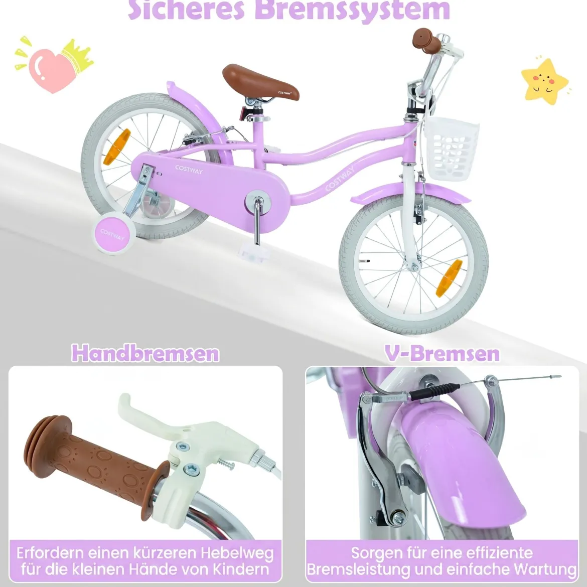 14/16 Zoll Kinderfahrrad mit Stützrädern & Korb Kinder Fahrrad mit Höhenverstellbarer Lenker & Sattel Rosa/Lila