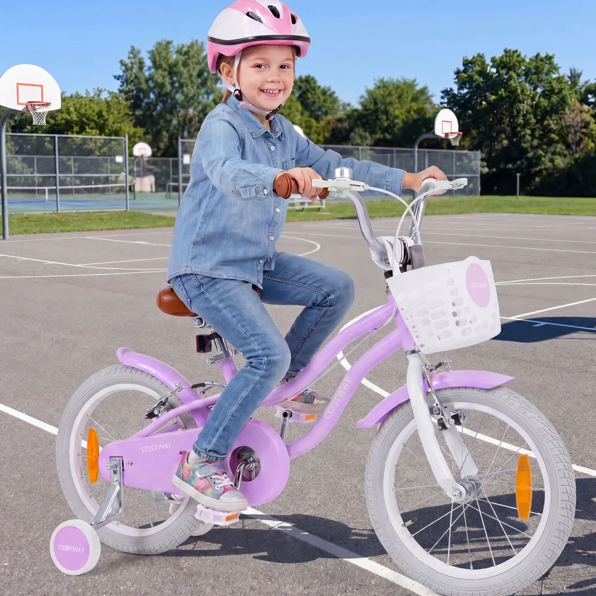14/16 Zoll Kinderfahrrad mit Stützrädern & Korb Kinder Fahrrad mit Höhenverstellbarer Lenker & Sattel Rosa/Lila