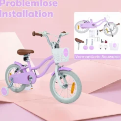 14/16 Zoll Kinderfahrrad mit Stützrädern & Korb Kinder Fahrrad mit Höhenverstellbarer Lenker & Sattel Rosa/Lila