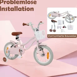 14/16 Zoll Kinderfahrrad mit Stützrädern & Korb Kinder Fahrrad mit Höhenverstellbarer Lenker & Sattel Rosa/Lila