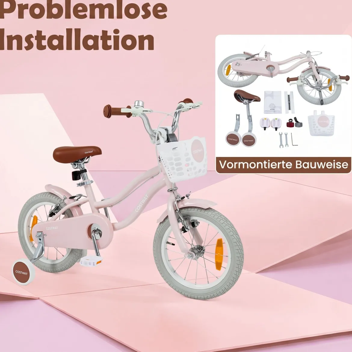 14/16 Zoll Kinderfahrrad mit Stützrädern & Korb Kinder Fahrrad mit Höhenverstellbarer Lenker & Sattel Rosa/Lila