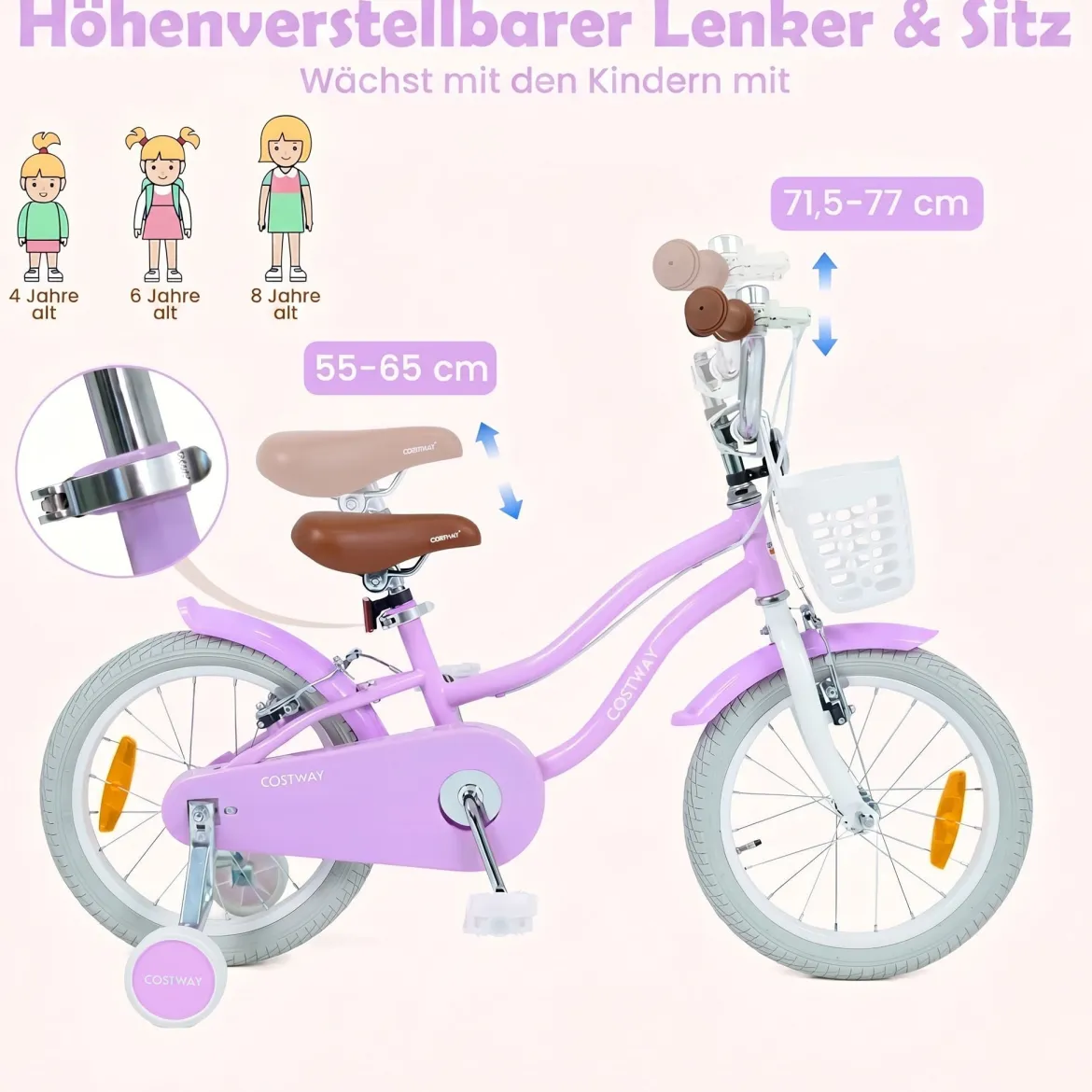 14/16 Zoll Kinderfahrrad mit Stützrädern & Korb Kinder Fahrrad mit Höhenverstellbarer Lenker & Sattel Rosa/Lila